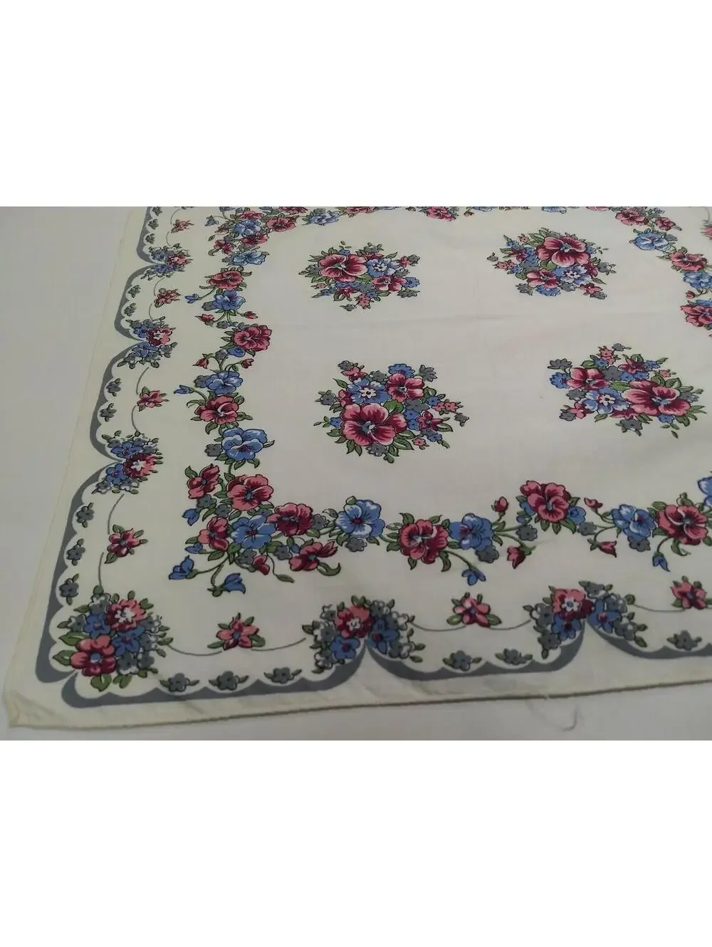 Vintage Hankie Cotton Gray White Floral Periwinkle Floral Handkerchief Placemat